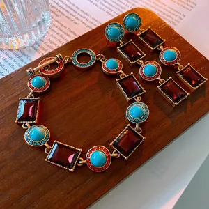 Vintage Bohemian Jewelry Set For Women Alloy Bracelet And Earrings With Silver Earring Post Turquoise Red Rhinestones