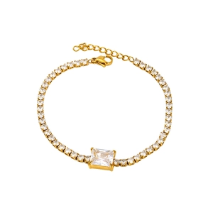 Adjustable gold plated tennis bracelet with square zircon center stone and lobster clasp