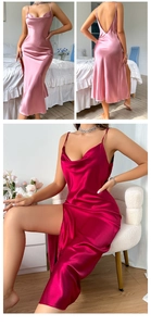 Détail de la chemise de nuit en satin avec bretelles fines et fente latérale haute