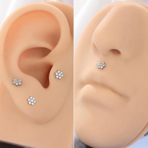 G23 titanium flower labret stud with clear cubic zirconia for ear and nose piercing