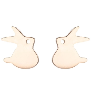 Detail view of cute gold rabbit stud earrings in polished stainless steel for women