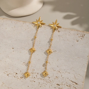 Détail de boucles d'oreilles étoiles en or 18k avec zircons sur une surface en pierre