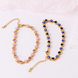 Adjustable evil eye heart bracelets with pink and blue zircons in gold-plated finish