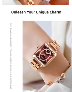 Close-up of elegant rose gold square watch with a red diamond dial and a matching bracelet