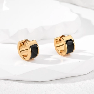 Minimalist gold stainless steel hoop earrings with black enamel inlay for men and women