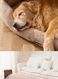 Semi-enclosed plush pet bed detail showing cozy faux fur texture for large dogs