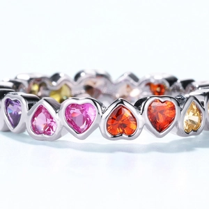 S925 silver ring with multi-colored heart-shaped zircon stones in a full band setting