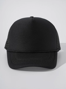 Close-up of black mesh trucker hat with decorative rope and reinforced brim stitching