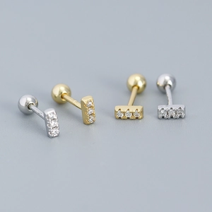 925 Sterling Silver Minimalist Bar Stud Earrings With Cubic Zirconia Screw Back Ball Piercing Jewelry For Women