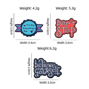 Three creative enamel lapel pins with motivational quotes and product dimensions