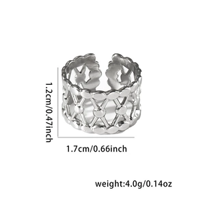 Detailed size chart showing 1.2cm height and 1.7cm width for this silver open ring