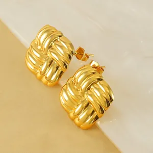 Square Stud Earrings Gold Plated Stainless Steel Woven Texture Vintage Geometric Fashion Jewelry For Women
