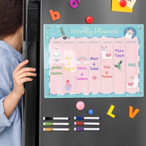 Magnetic acrylic weekly planner board with 8 colorful markers on a refrigerator