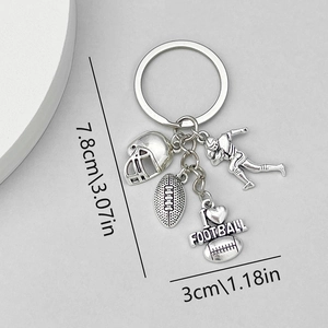 Silver American football keychain featuring helmet, ball, and player charms with size labels