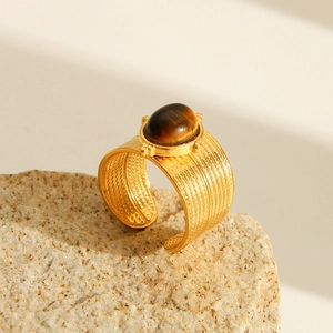 Vintage 18K gold-plated stainless steel ring with oval tiger eye stone on stone base