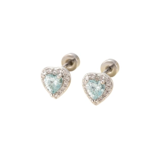Silver heart earrings with light blue zircon and clear stones on a white background