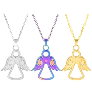 Detailed view of angel necklaces in gold, silver, and iridescent finishes with thin chains
