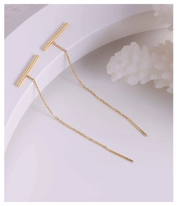 Detail view of 18k gold plated stainless steel threader earrings on a display stand