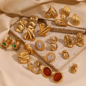 Geometric Stud Earrings 18K Gold Plated Stainless Steel With Zircon And Natural Stone Vintage French Style Women