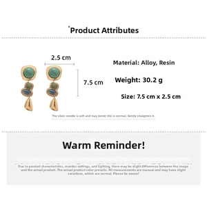 Vue détaillée des boucles d'oreilles en résine vintage avec dimensions et poids
