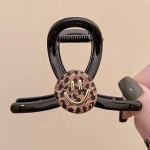 Exquisite Acrylic Hair Claw Clip For Women Vintage Leopard Print Gold Smiley Face Shark Clip Fashion Hair Accessory