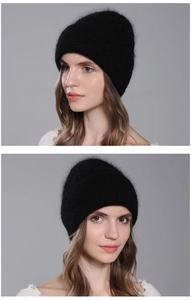 Detail view of the soft black angora knit beanie showing plush texture and folded cuff
