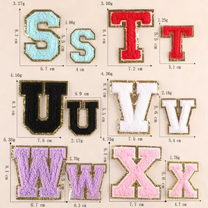 Detailed size guide for chenille alphabet patches S to X with weight and dimensions