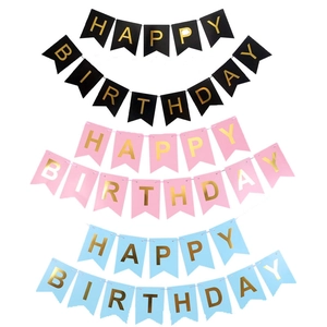 Three sets of Happy Birthday foil fishtail banners in black, pink, and blue colors