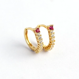 S925 sterling silver gold huggie earrings with red gemstone and pavé clear crystals