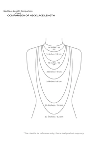 Size chart showing comparison of necklace lengths from 14 to 33 inches on a model