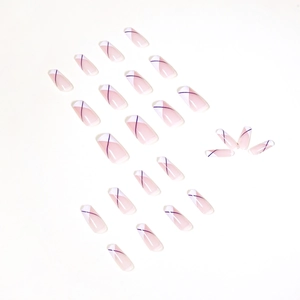 Faux ongles coffin longs avec pointes French blanches et lignes géométriques mauves