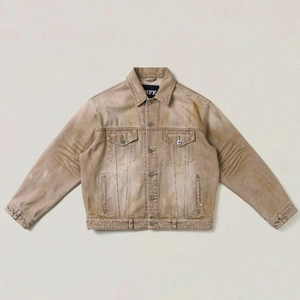Detail of khaki denim jacket featuring vintage distressed texture and rhinestone design