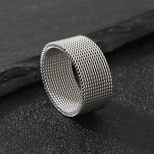 Minimalist 10mm wide mesh stainless steel ring with silver woven texture for fashion