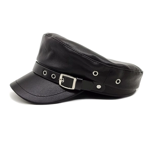 Classic black PU leather newsboy hat with textured finish and decorative metal buckle strap