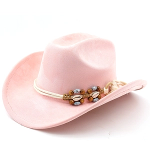 Pink western cowboy hat featuring white rope trim with seashells and wooden beads detail