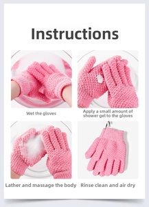 Four-step guide showing how to use the pink exfoliating bath glove with water
