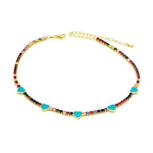 Detail of rainbow zircon gold necklace featuring five turquoise enamel heart pendants
