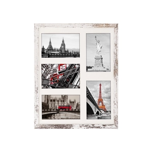 Close-up of vintage distressed white 5-opening photo frame with city landmarks