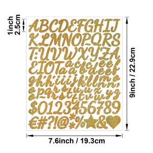 Detailed sheet layout of 1-inch gold glitter alphabet and number stickers with dimensions