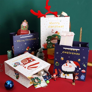 Christmas gift bags and boxes with festive snowmen and reindeer illustrations set