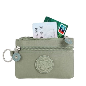 Mini nylon coin purse in bean green with dual zippers and silver key ring attachment