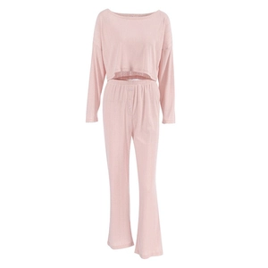Pink two-piece knit loungewear set with long sleeve top and high waist wide leg pants