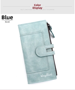 Detail view of light blue PU leather long wallet featuring zipper pocket and buckle closure