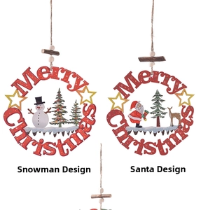 Detail of wooden Merry Christmas hanging signs featuring laser-cut snowman and Santa motifs