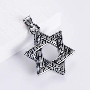 Vintage 304 stainless steel Hexagram pendant with detailed floral engraving in silver