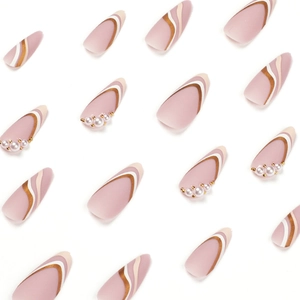 Long almond press-on nails with white gold wave patterns and pearl accents on matte pink base