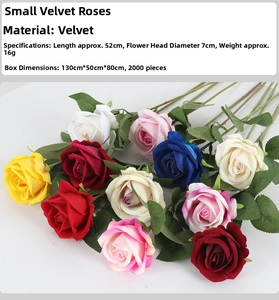 Detail view of velvet artificial roses in various colors showing texture and 7cm flower head