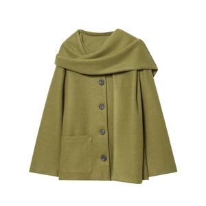 Olive green woolen coat for women with integrated scarf collar and minimalist button closure