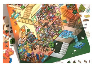 Detailed macro view of DIY miniature house stickers with cozy 2.5D creative interior scene