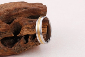 Gros plan de la bague en acier titane bicolore avec centre doré et bords polis argentés